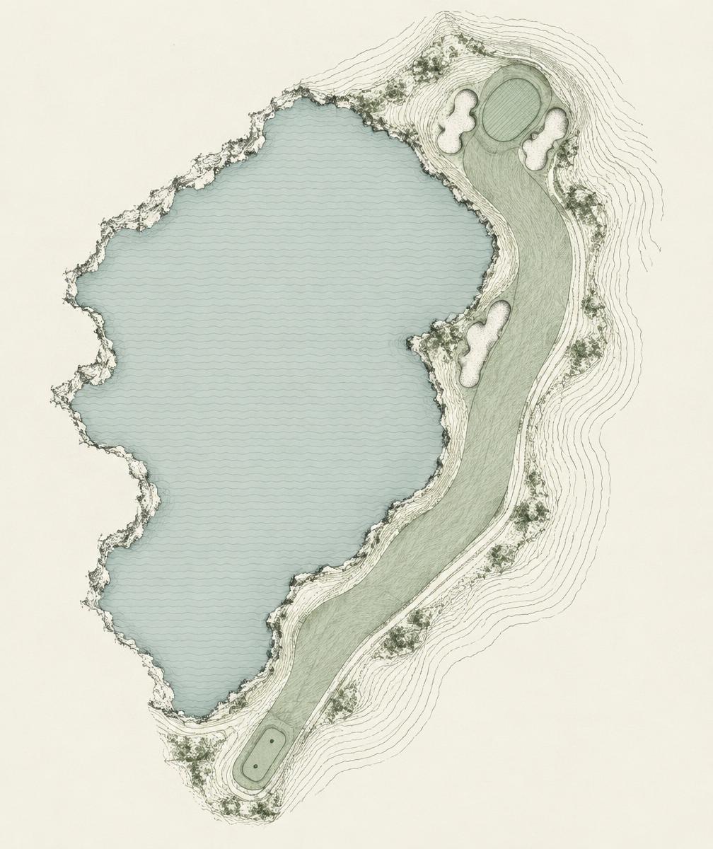 Contemporary illustrative contour plan of a golf hole curving around water