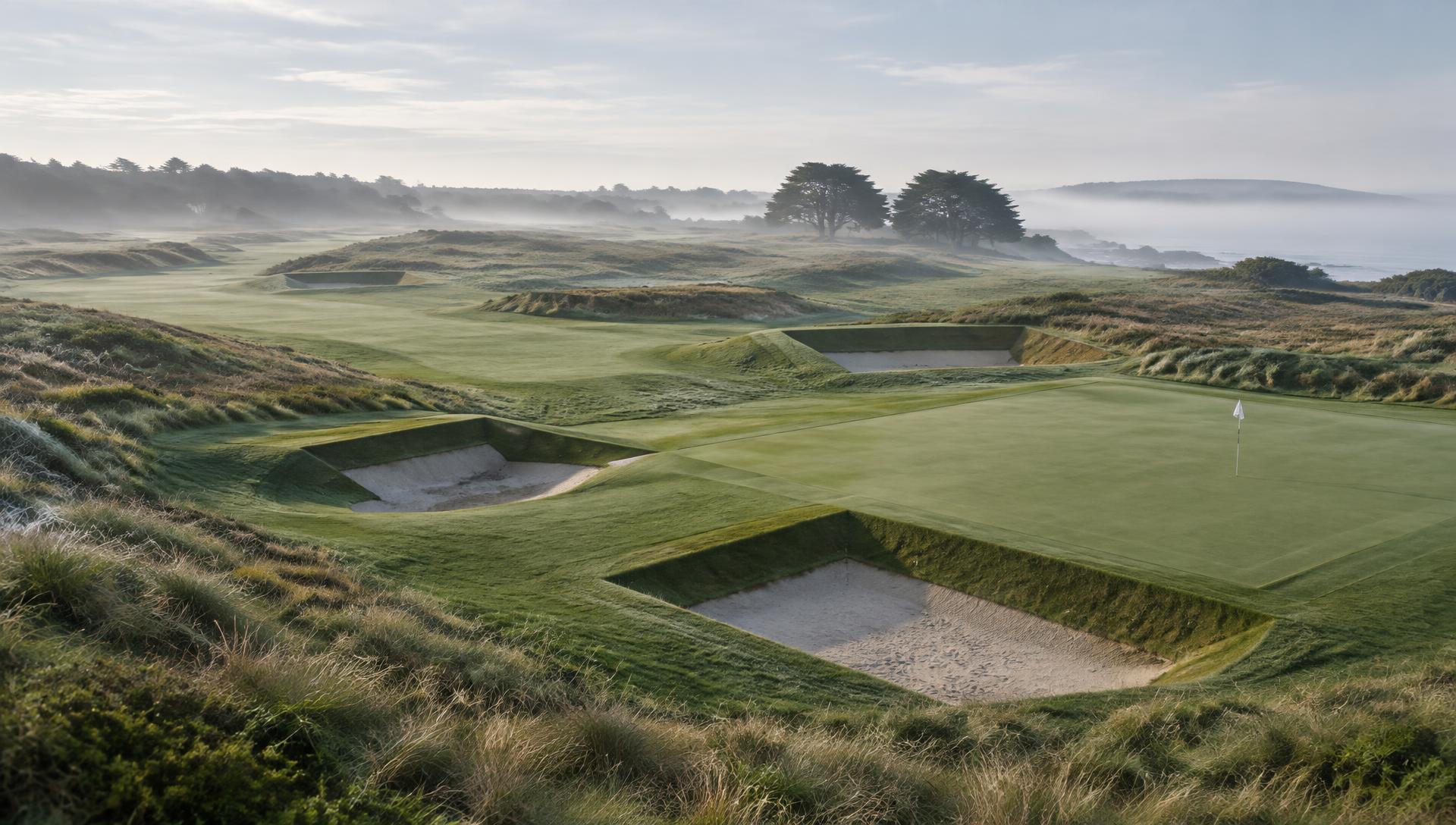 Illustrative coastal golf landscape with sculpted greens and geometric bunkers